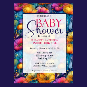Colorful Vibrant Poppy Flower Girl Baby Shower Invitation