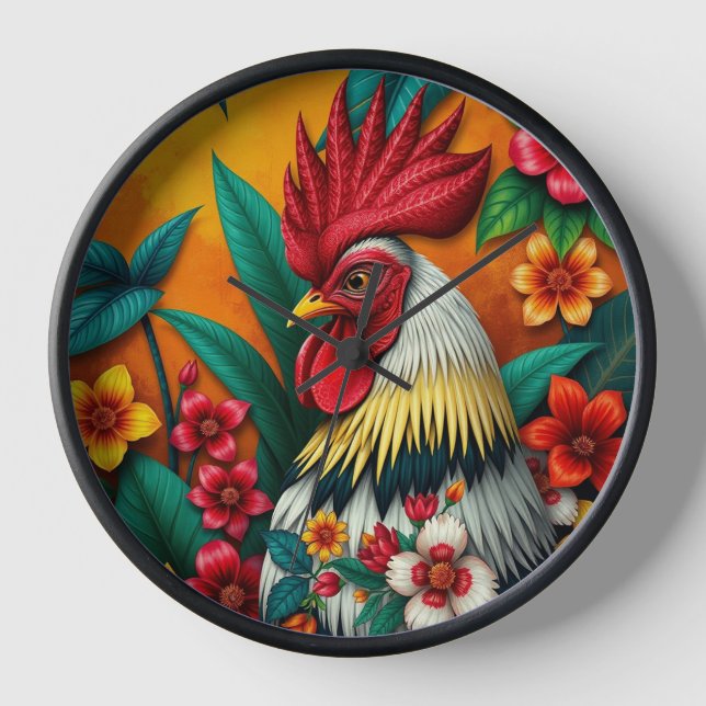 Colorful Vibrant Rooster Floral Wall Clock (Front)