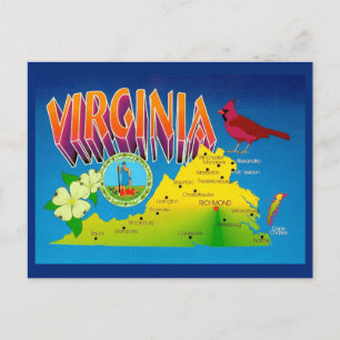 Colorful Vibrant  Virginia Map Postcard