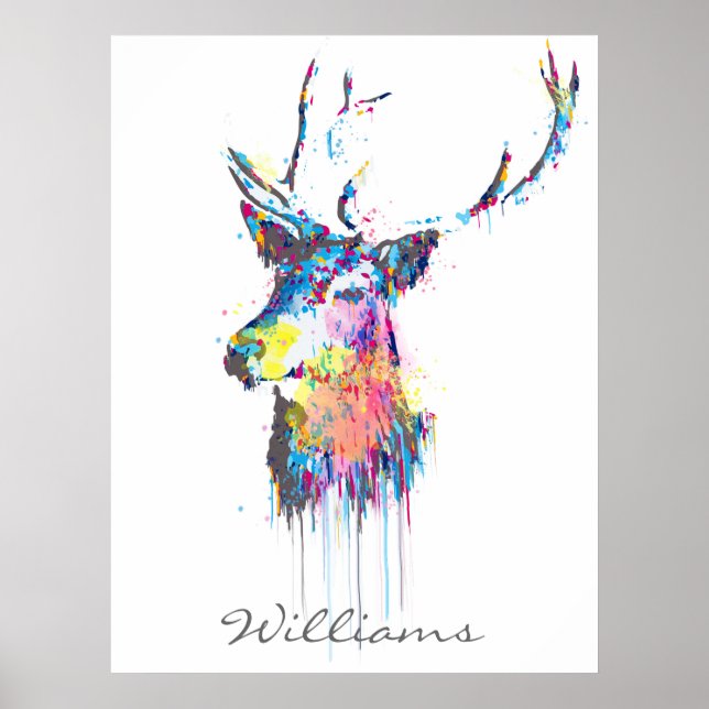 colorful vibrant watercolours splatters deer head poster (Front)