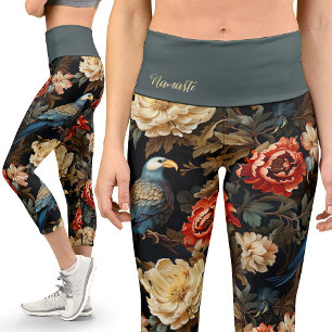 Colorful Victorian Parrot Vintage Floral Yoga Capri Leggings