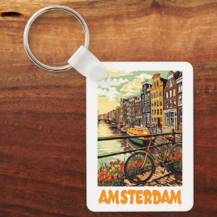 Colorful Vintage Amsterdam Holland Canal City  Keychain