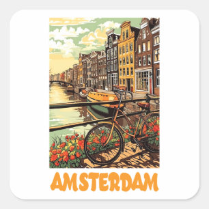 Colorful Vintage Amsterdam Holland Canal City Square Sticker