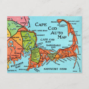 Colorful Vintage Cape Cod Map Postcard
