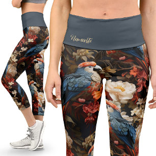 Colorful Vintage Parrot Print Floral Yoga Capri Leggings