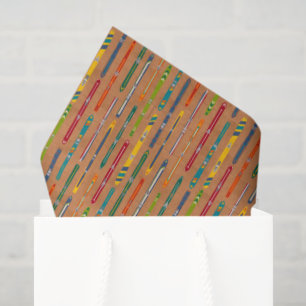 Colorful Vintage Skis on Light Brown Patterned Tissue Paper