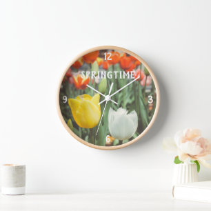 Colorful vintage style spring tulips  clock