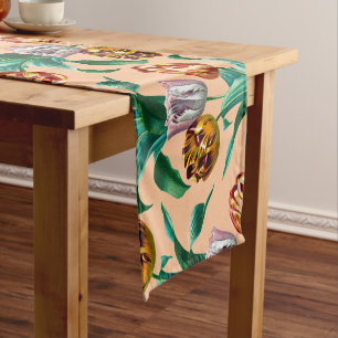 Colorful Vintage Watercolor Tulip Flowers Pattern Short Table Runner