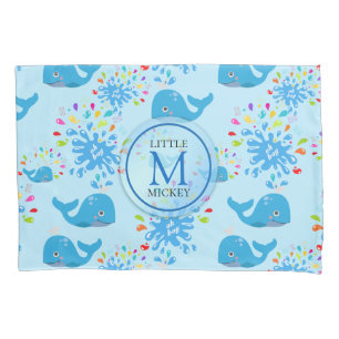 Colorful Water Splash Blue Whale Monogram Pattern Pillowcase