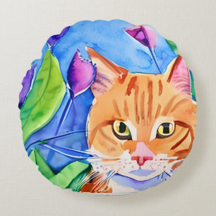 Colorful Watercolor Art   Orange Cat and Flowers Round Pillow