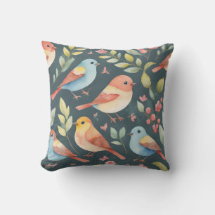 Colorful Watercolor Birds Nature Leaves Throw Pillow