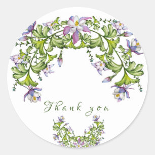 Colorful watercolor bouquet of columbine and green classic round sticker