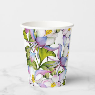 Colorful watercolor bouquet of columbine and green paper cups