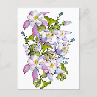 Colorful watercolor bouquet of columbine and green postcard