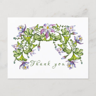 Colorful watercolor bouquet of columbine and green postcard