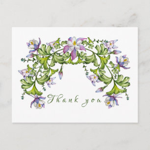 Colorful watercolor bouquet of columbine and green postcard
