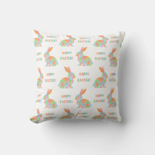 Colorful Watercolor Bunny Pattern Happy Easter Throw Pillow