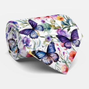 Colorful Watercolor Butterflies Flower Pattern Tie