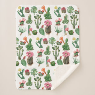 Colorful Watercolor Cactus & Succulents Flowers Sherpa Blanket