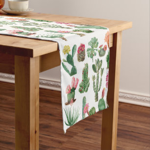 Colorful Watercolor Cactus & Succulents Flowers Short Table Runner