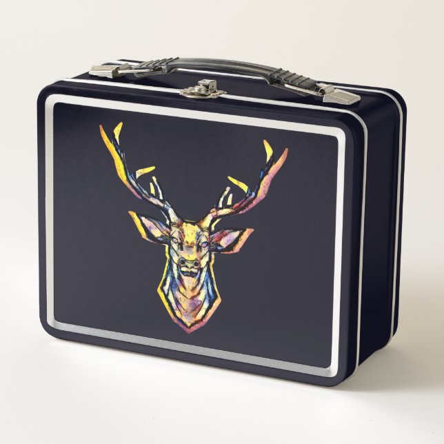 Colorful Watercolor Deer Head Art  Metal Lunch Box (Front)