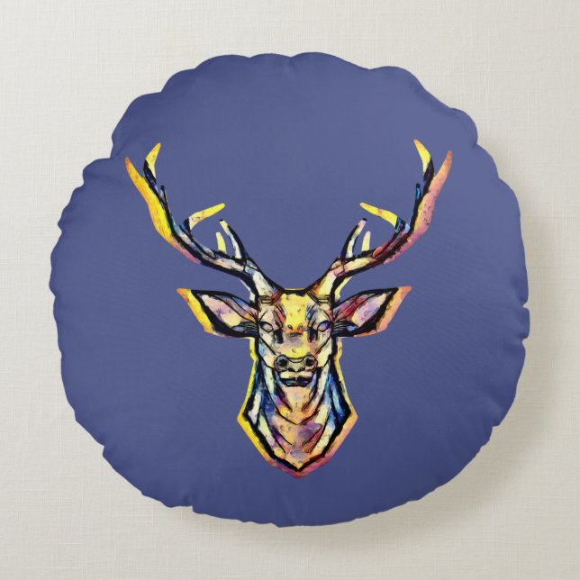 Colorful Watercolor Deer Head Art  Round Pillow (Front)