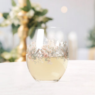 Colorful Watercolor Floral birds wedding Stemless Wine Glass