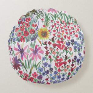 Colorful Watercolor Floral botanical Boho Garden   Round Pillow