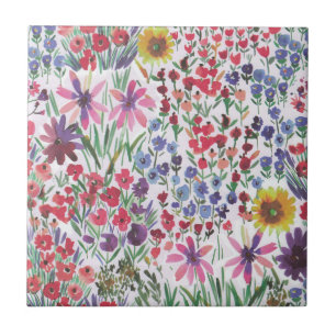 Colorful Watercolor Floral botanical Boho Garden   Tile