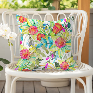 Colorful Watercolor Floral Daffodil Pattern Outdoor Pillow