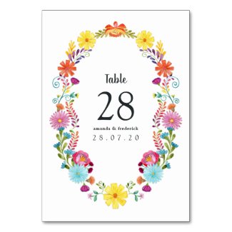 Colorful Watercolor Floral Mexican Fiesta Wedding Table Number