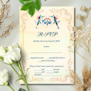 Colorful Watercolor Floral Old Town Mexico Wedding RSVP Card