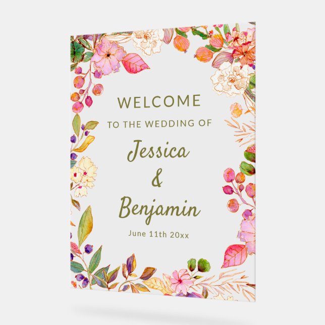 Colorful Watercolor Floral Wedding Welcome Sign (Angle)