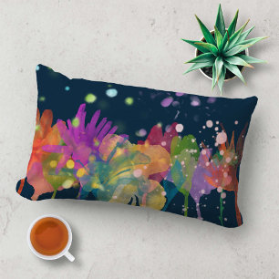 Colorful Watercolor Flowers on Dark Blue Lumbar Pillow