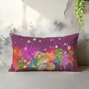 Colorful Watercolor Flowers on Purple Lumbar Pillow