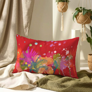 Colorful Watercolor Flowers on Red Lumbar Pillow