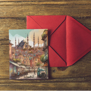 Colorful Watercolor Istanbul Skyline Postcard