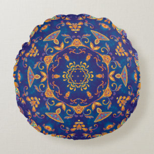 Colorful watercolor kaleidoscope mandala. Oriental Round Pillow