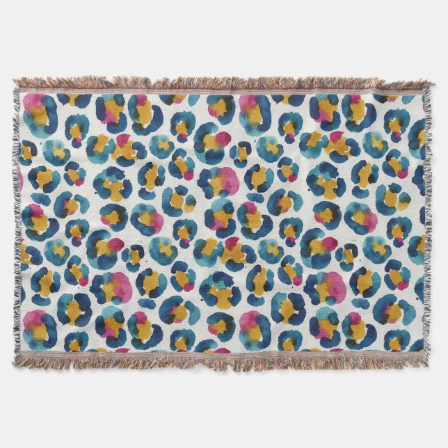 Colorful Watercolor Leopard Print Pattern Throw Blanket (Front)
