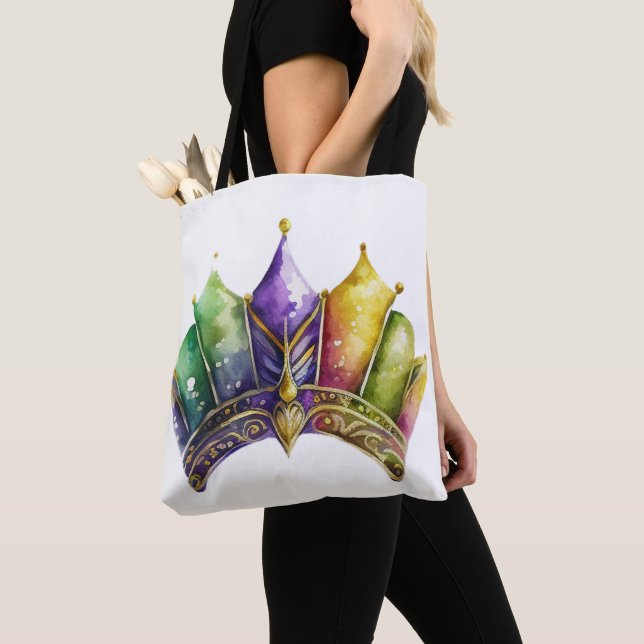 COLORFUL WATERCOLOR MARDI GRAS CROWN TOTE BAG (Close Up)