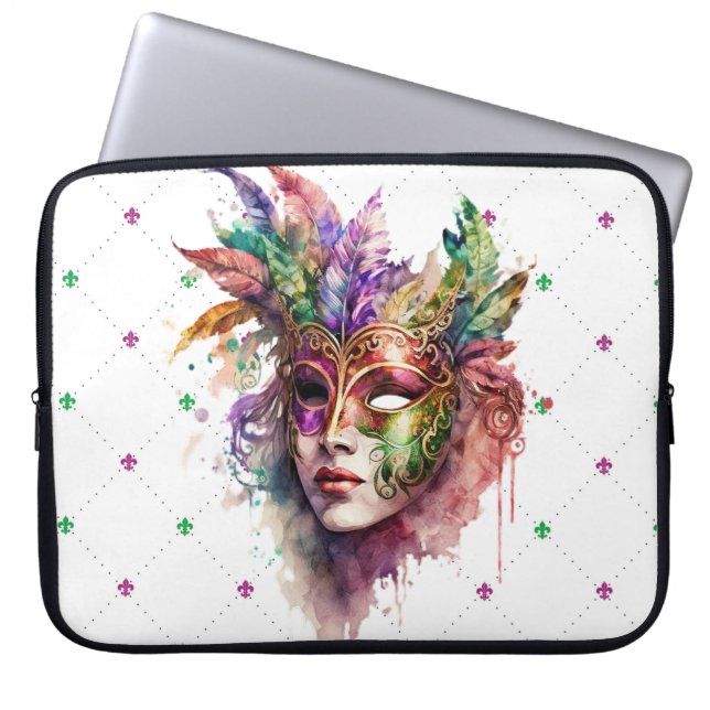 COLORFUL WATERCOLOR MARDI GRAS MASK LAPTOP SLEEVE (Front)