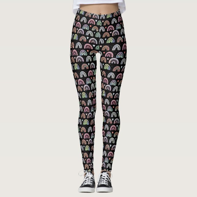 Colorful Watercolor Rainbow arch pattern on black Leggings (Front)