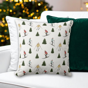 Colorful Watercolor Skiers Festive Holiday Pattern Throw Pillow