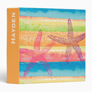 Colorful Watercolor Stripes Starfish Personalised Binder