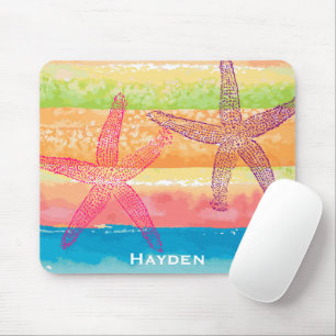Colorful Watercolor Stripes Starfish Personalised Mouse Pad