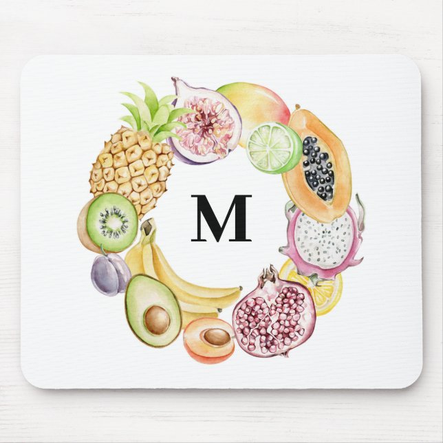 Colorful Watercolor Tropical Fruit Wreath Monogram Mouse Pad (Front)