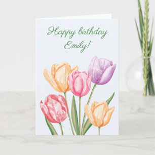 Colorful Watercolor Tulip Flowers Happy Birthday Card