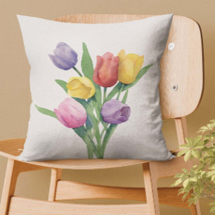 Colorful Watercolor Tulips Throw Pillow