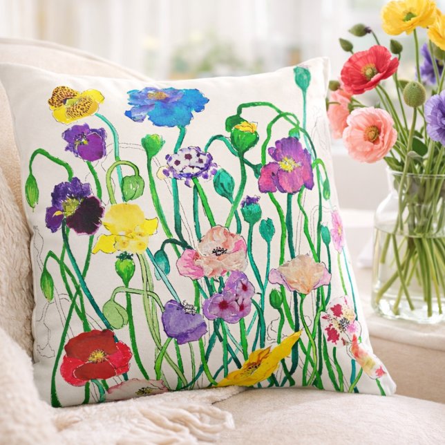 Colorful Watercolor Wild Poppies Boho Floral Decor Throw Pillow (Creator Uploaded)
