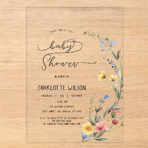 Colorful Watercolor Wildflower Baby Girl Shower Acrylic Invitations